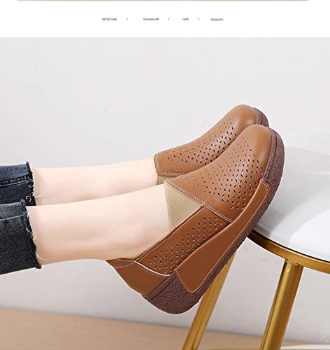 Image of Women's Round Toe Platform Wedge Slip On Loafers, Comfortable Genuine Leather Moccasin Low Top Casual Cutout Loafers.