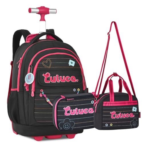 Kit Youtuber Luluca Mochila Rodinhas Estojo Box Lancheira Térmica Coleção Volta As Aulas 2025 Chaveiro Exclusivo (Preto)