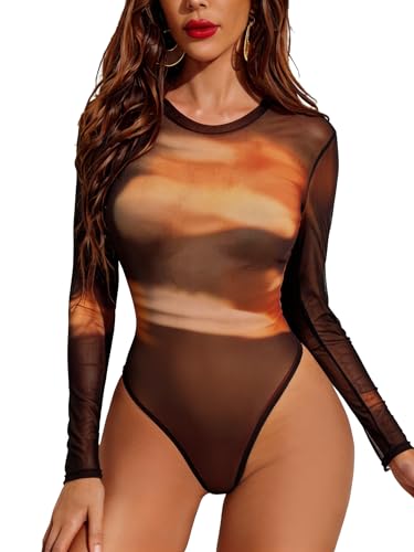 Image of Avidlove Womens Mesh Long Sleeve Bodysuit Round Neck Sheer Leotards Geo Print Bodysuit Top with Snap Crotch