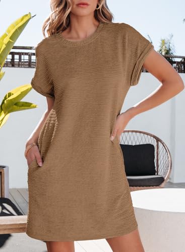 Image of EVALESS Womens Summer Dresses 2026 Fashion Short Sleeve Cute Spring Mini Dress Crewneck Casual Beach Vacation Dresses
