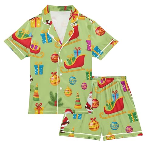 Satin Pajama Sets Short Sleeve Santa Sleighs Button Down Silky Nightwear 2 Piece PJS 5-14Y