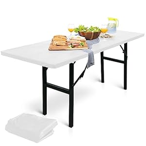 LINPRO 2Pk Plastic Table Cloths Disposable for Parties 8ft Picnic Table Covers with Elastic Fitted Camping Tablecloth Elastic Table Cover Rectangle White Tablecloth Waterproof Outdoor & folding tables