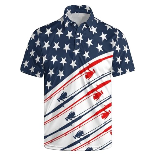 Socira American Flag Fish Fishing Men‘s Golf Shirt Funny Polo Shirts Short Sleeve Golf Polo Shirts Print Shirts X-Large