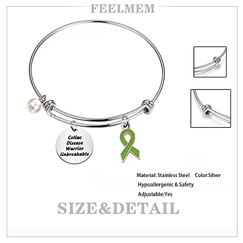 FEELMEM Celiac Disease Awareness Jewelry Celiac Disease Warrior Unbreakable Bracelet with Green Awareness Ribbon Charm Inspirational Cancer Survivor Gift2