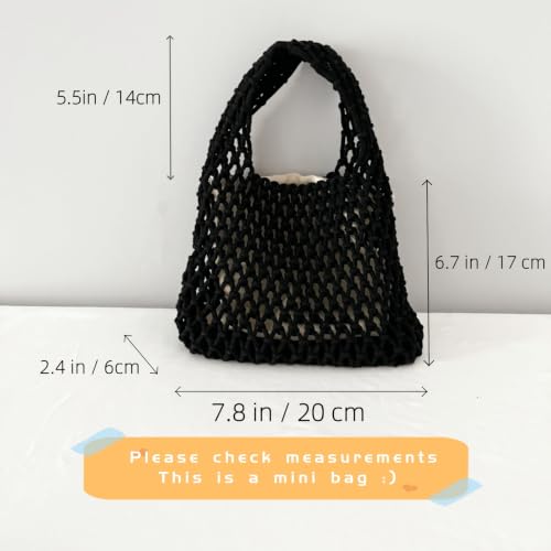 Image of Mini Clutch Handbag Fishing Net Bucket Bag Cotton Rope Crochet Drawstring Woven Beach Bag Small Tote for Women Girls