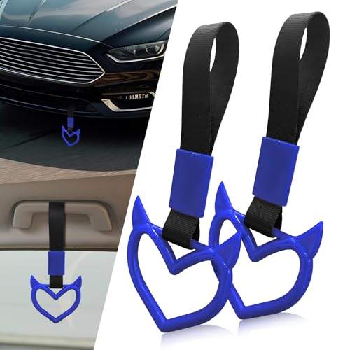 Image of 2 Pcs Devil Heart Shaped Car Handle Strap - JD M Drift Charm Rear Bumper Warning Ring Decor for Car Interior Exterior, Subway Bus Handle Accessory, Cute Heart Car Decor Gift (Blue)