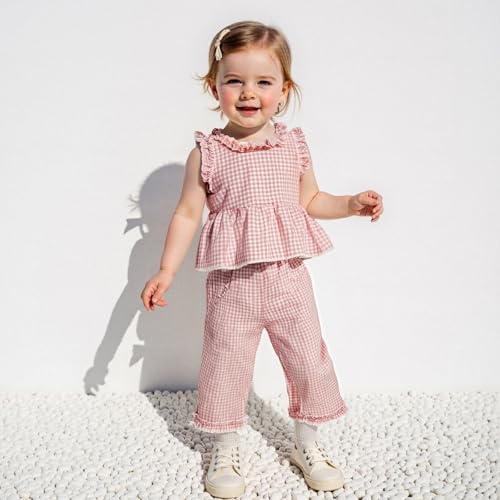 GOOCHEER Toddler Girl Clothes Baby Summer Outfits Plaid Ruffle Sleeveless Vest Tank Tops Pants Set 12 18 24 Month 2T 3T 4T (#Ruffle-Pink, 3-4T) - Thumbnail 2