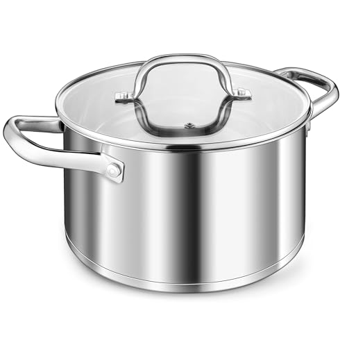 TEAMFAR Casserole en acier inoxydable de 4,7 l avec couvercle en verre, fond à 3 couches pour tous les types de feux, marmite à pâtes de 22 cm, non revêtue et non toxique, passe au lave-vaisselle