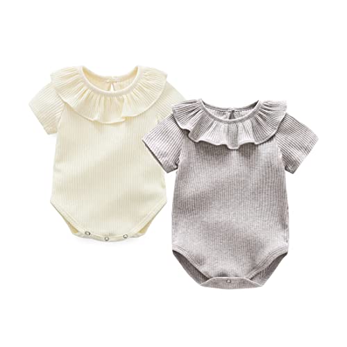 Image of JunNeng Baby Girl 2 Pack Bodysuits Infant Ruffled Ribbed Romper Short Sleeve Summer Outfits Grey+Beige 3-6 Months