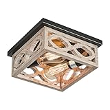 Caringlight Farmhouse Flush Mount Ceiling Light, 10.5” Square Vintage Rustic Distressed White & Matte Black, MDF Shade Fixture for Livingroom, Bedroom, Kitchen, Hallway, Entryway, 2-Light E26