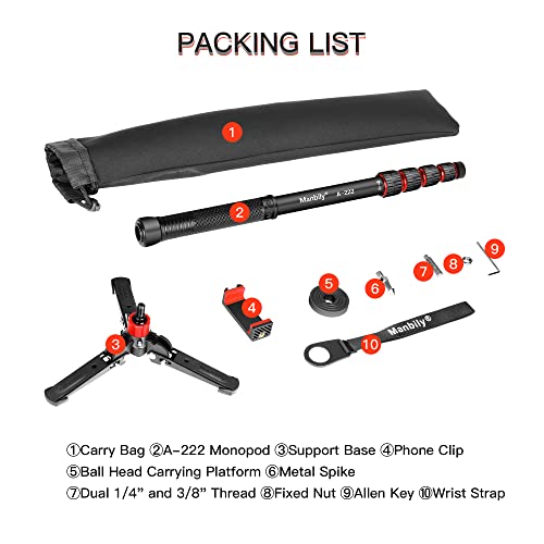 Manbily Extendable Camera Aluminum Monopod With Feet,Portable Travel Monopod With Removable Tripod Stand Base For Dslr Canon Nikon Sony Video Camcorder,5 Sections Up To 67-In,Max Load 15.5 Lbs（A-222） #TOP6