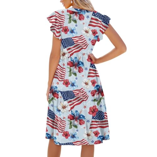 Image of Women's Casual Ruffle Sleeve Dress V Neck Pullover Dress Flowy A-Line Pleated Lightweight Dress with Pockets