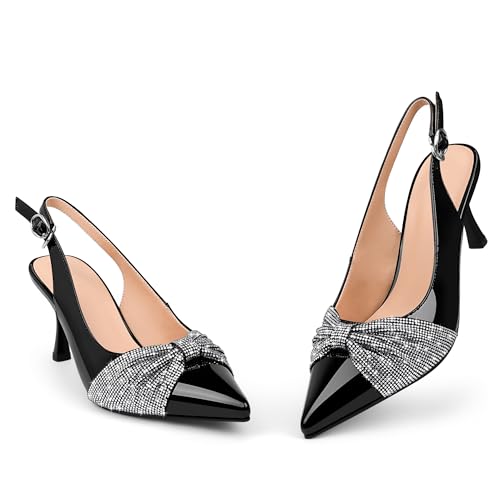 Women's Pointed Toe Slingback High Heels with Rhinestone Bow Patent Leather Dress Shoes for Party & Work3