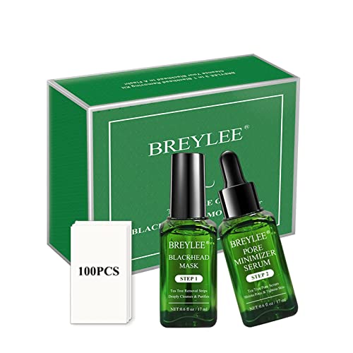 BREYLEE Blackhead Remover Mask, 3 in 1 Blackhead Removing Set Tea Tree Oil Blackhead Mask Kit, Nose Pore Strips and Pore Serum Set with 100pcs Strip Paper