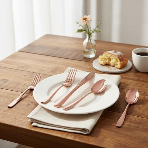 Image of 15 Pcs Rosegold Cutlery Set for Dining Table the Perfect Mirror Polish Hevy Duty Tableware Including Dinner Spoon, Dinner Fork, Dinner Knife, Dessert Spoon & Dessert Fork