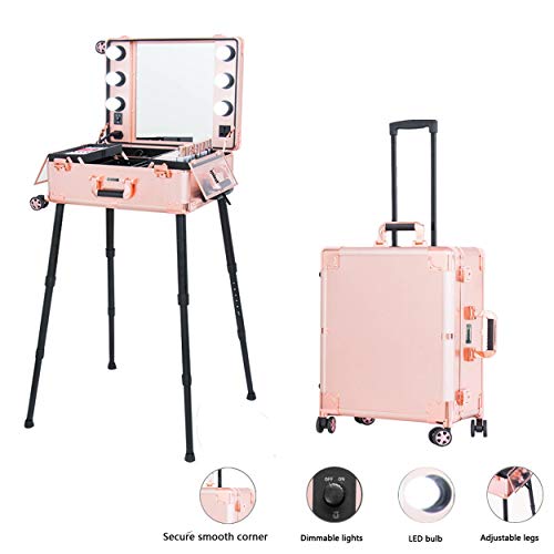 Kemier Makeup Case,Professional Artist Studio Cosmetic Train Table W/4 Rolling Wheels & Lights & Mirror,Pro Makeup Station,Cover Board And Easy Clean Extendable Trays,Adjustable Legs,Sturdy(Rose Gold) #TOP4