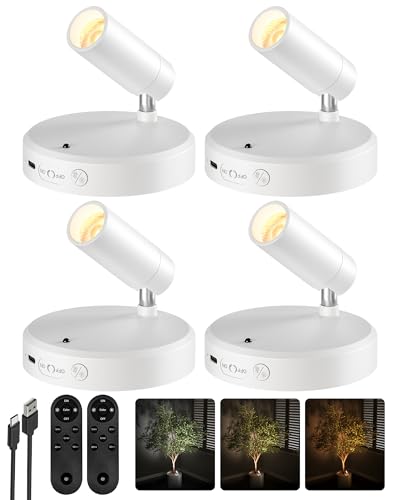 Deal: EZVALO Spot Lights Indoor,5500mAh Rechargeable Plants Spotlights with Remote,Wireless Mini Art Accent Spot Lights with Timer&Dimmable, 3CCT, Uplights Indoor for Plants,Display,Artwork(4Pack-White)