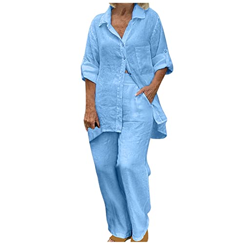 Womens 2 Piece Cotton Linen Beach Outfits Plus Size Button Down Blouses and Long Pants Suits Dressy Business Work Set