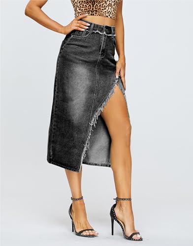 Denim Midi Skirt for Women - High Waisted Split Front Raw Slimming A-line Fit with Hugged HIPS2