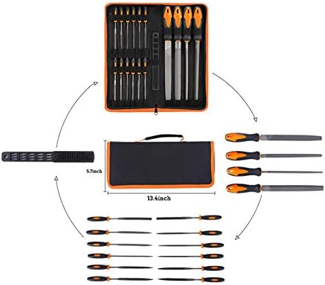 17Pcs File Tool Set with Carry Case,Premium Grade T12 Drop Forged Alloy Steel, Precision Flat/Triangle/Half-round/Round Large File and 14pcs Needle Files/1 brush