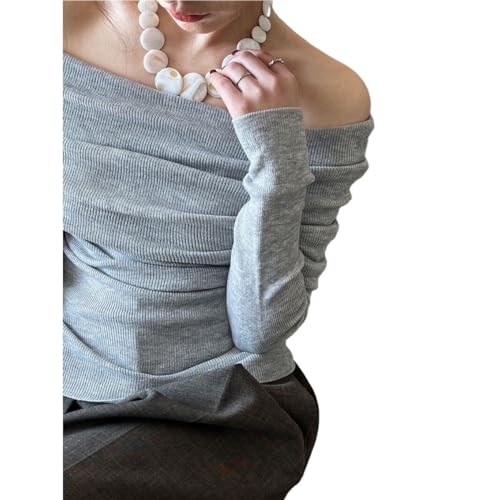 Image of Women Long Sleeve Off The Shoulder Sweater Tops Sexy Shirt Black White Red Cute Ribbed Fiited Blosue