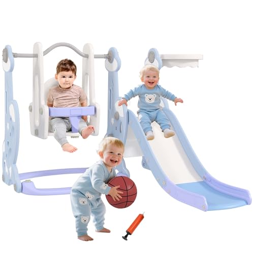 AIYAPLAY Scivolo per Bambini 4 in 1, Scivolo da Giardino Autoportante con Altalena, Scaletta da Arrampicata e Cestino da...
