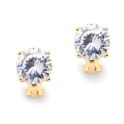Mariell 3 Carat CZ Clip-On Earrings - 9.5mm Round Solitaire 14K Gold Plated Cubic Zirconia Clip Studs