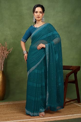 Image of MIRCHI FASHION Saree for Woman Georgette Solid with Satin Stripes | Stone Border Farewell and Ceremonial Sari with Blouse Piece