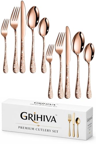Image of 10 Pcs Rosegold Floaral Stainless Steel Cutlery Set for Dining Table with Spoons and Forks Set + Butterknives - The Perfect Tableware /Flatware