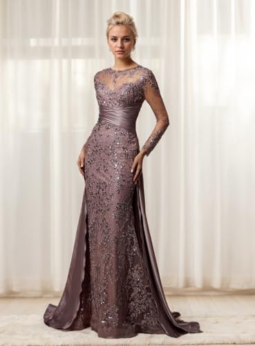 2025 Elegant Mermaid Trumpet Mother of The Bride Dress Scoop Neck Sweep Brush Train Long Sleeves Ruched Evening Dress2