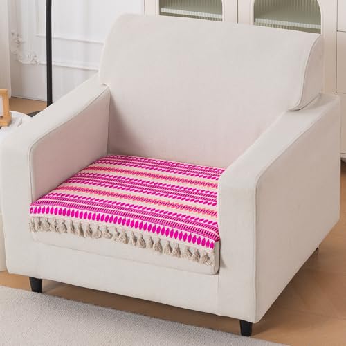 Image of HOKIPO 'Artisan Boho Series' Sofa Cover Mat with Tassel | 450 GSM Cotton Acrylic Jacquard for 1 Seater Sofa, Fuchsia Pink (IN-901-A5*S)