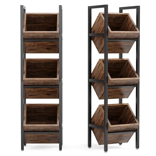 LITTLE TREE 3-Tier Basket Stand, Wooden Floor Stand Shelving Unit, Standing Organizer Storage Rack for Kitchen, Bathroom, Living Room (Rustic Brown, 2) by LITTLE TREE - Used condition - US$130.69