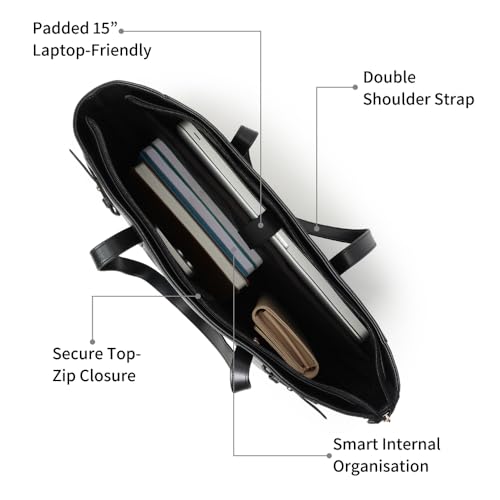 Image of Fastrack Black Powermode Laptop Tote For Women | Black Faux Leather Bag | Fits Upto 15 inch Laptop | Ladies Tote Bag with Zipper Closure & Utility Pockets