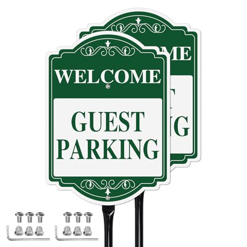 Anobell Welcome Guest Parking Signs With 36 inch Iron Metal Stake 10 x 14 Inch Rustproof Aluminum Customer Parking Signs Outdoor Yard Driveway Sign for Home Office Hotel Business 2 Pack