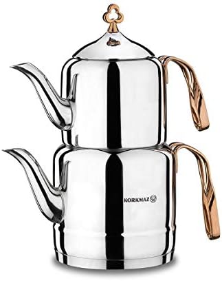korkmaz A213 Çintemani Tea Pot Rose Gold, Stainless Steel, Solar Base, Teapot Sets for Adults, Turkish Tea Set
