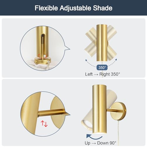 Image of Gold Plug in Wall Sconce Set of 2, Modern Swing Arms Wall Lamp with Cord Wall Light for Bedroom Living Room (Bulb Included)