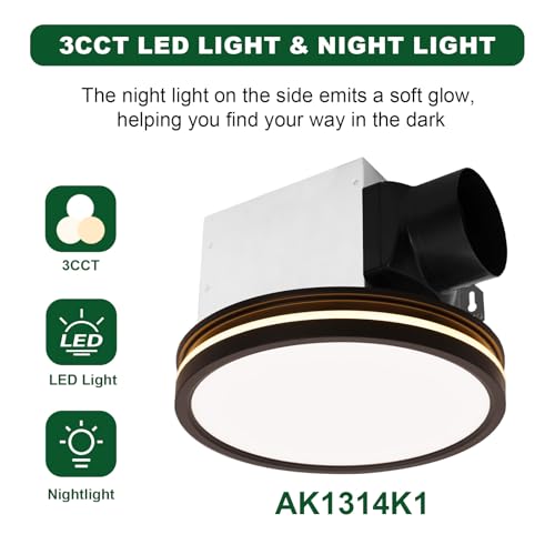Image of Akicon Bathroom Exhaust Fan with Light, 80 CFM 2.0 Sones Bathroom Fans for Ceiling, 3CCT 15W Dimmable LED Light and 3.5W Nightlight Vent Fan Combo for Home, Round, Black