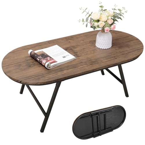Table basse pliante pour petits espaces en bois et métal, table basse ovale sans assemblage, table basse pour salon, maison, bureau, marron clair