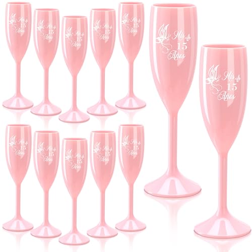 Honeydak 12 Pcs Copas Para Brindis De 15 Aos Pink Quinceaera Champagne Glasses 15th Birthday Gifts Set Quinceaera Toasting Flutes Pink Plastic Wine Glasses 15 Birthday Party Favors for Guests