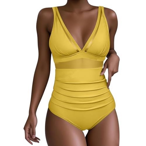 Womens One Piece Swimsuit Tummy Control Swim Suits Slim Full Coverage Mesh Bathing Suit Casual Swimwear Fashion Yellow XL