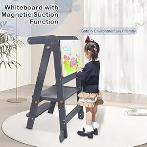 Foldable toddler kitchen tower step stool standing tower with whiteboard toddler kitchen stool helper with 3 adjustable height step stool for kids 1 6 years grey  urban country home decor