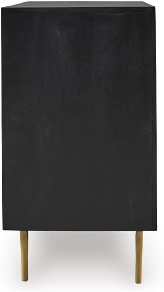 BOWERY HILL Wood Accent Cabinet, Black and Gold Finish, 40" W x 17" D x 32" H, Goldtone Carved Door Fronts, Push Magnet Doors, 1 Shelf, Contemporary Style Sideboard for Living Room or Bar Area