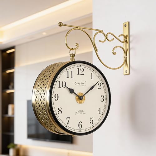 Image of CRAFTEL Double Sided Station Wall Clock Multi-Layer Electroplated | Both Side Numerals | Handcrafted Brass Body Aluminum Dial | Dial - 8 Inches, Shiny Gold | 365 Days Warranty