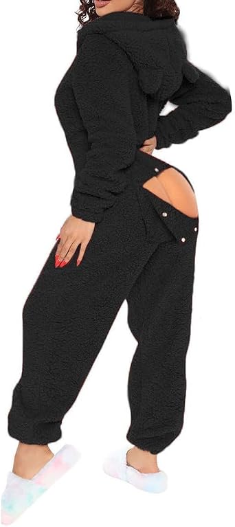 Women One Piece Fuzzy Warm Sherpa Hooded Pajamas Jumpsuit Onesie Butt Flap Women Adult Sleepwear