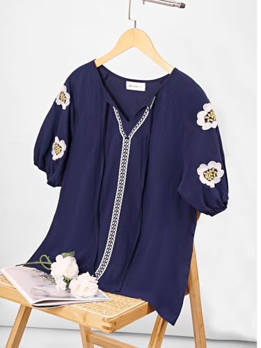 Image of Women's Summer Tops Floral Embroidered Puff Short Sleeve Shirts V Neck Boho Tunic Casual Blouse