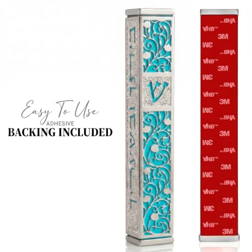 Image of SURI Mezuzah for Door with Scroll, 7 Inch Silver and Blue Mezuzah Case with Non Kosher Scroll Inside, Fits a up to 6 Inch Scroll, Includes Adhesive and Gift Box