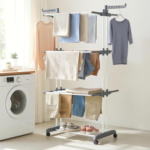 Image of Foldable Cloth Drying Stand 3-Tier with 1 Year Warranty | Steel Clothes Dryer Rack with Wheels | Rust-Resistant | Dual Braked Casters | Indoor Balcony Bedroom Use | Cloth Dryer Stand for Home
