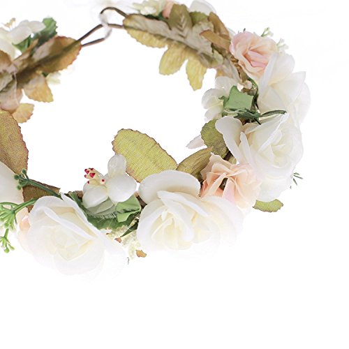 Ever Fairy Women Flower Wreath Crown Floral Wedding Garland Headband Wrist Band Set (Beige-3)