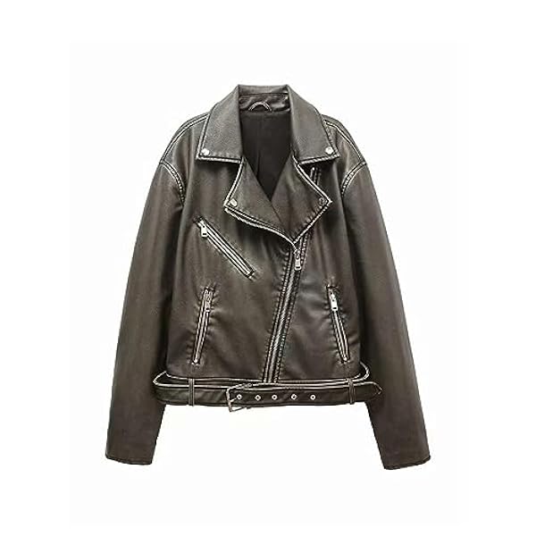 Adhdyuud Vrouwen Vintage Losse Rits Riem Pu Faux Lederen Jas Streetwear Moto Biker Jas Chic Uitloper
