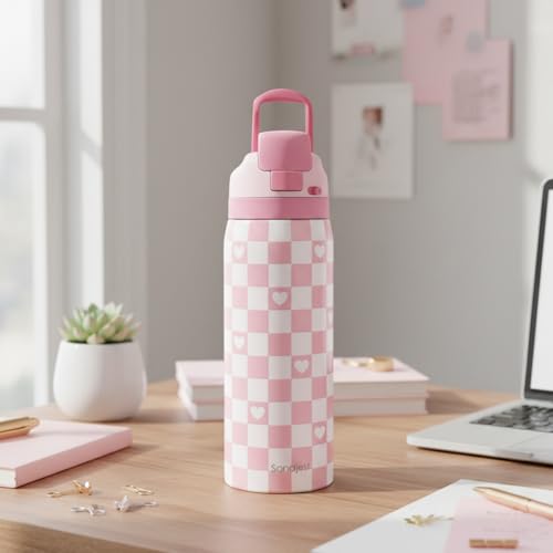 Image of Checkered Heart Insulated Stainless Steel Water Bottle with Straw for Sports and Travel, 32oz, Gifts for Women Girls Friends Teens Birthday Christmas